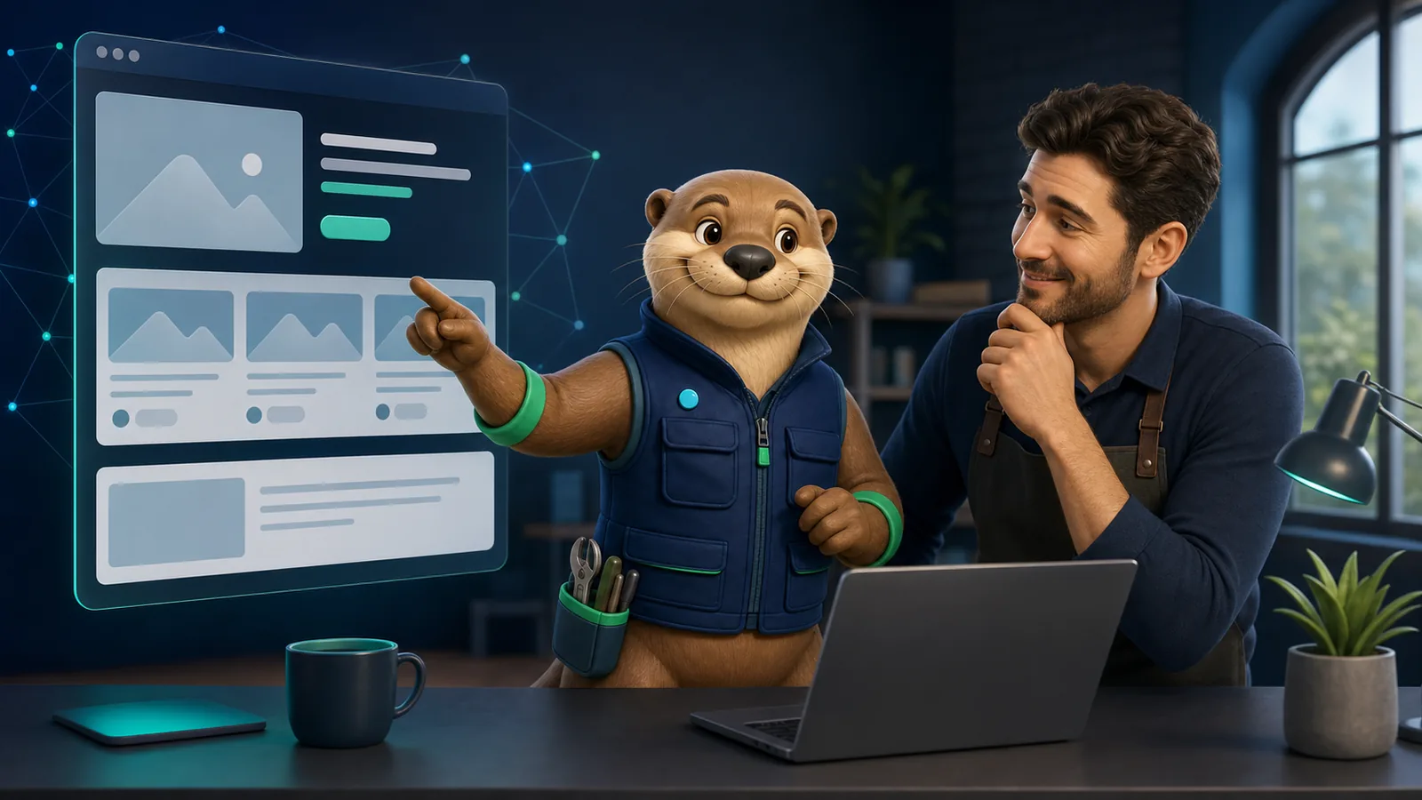 Billy the otter helping a European business owner review a working website demo