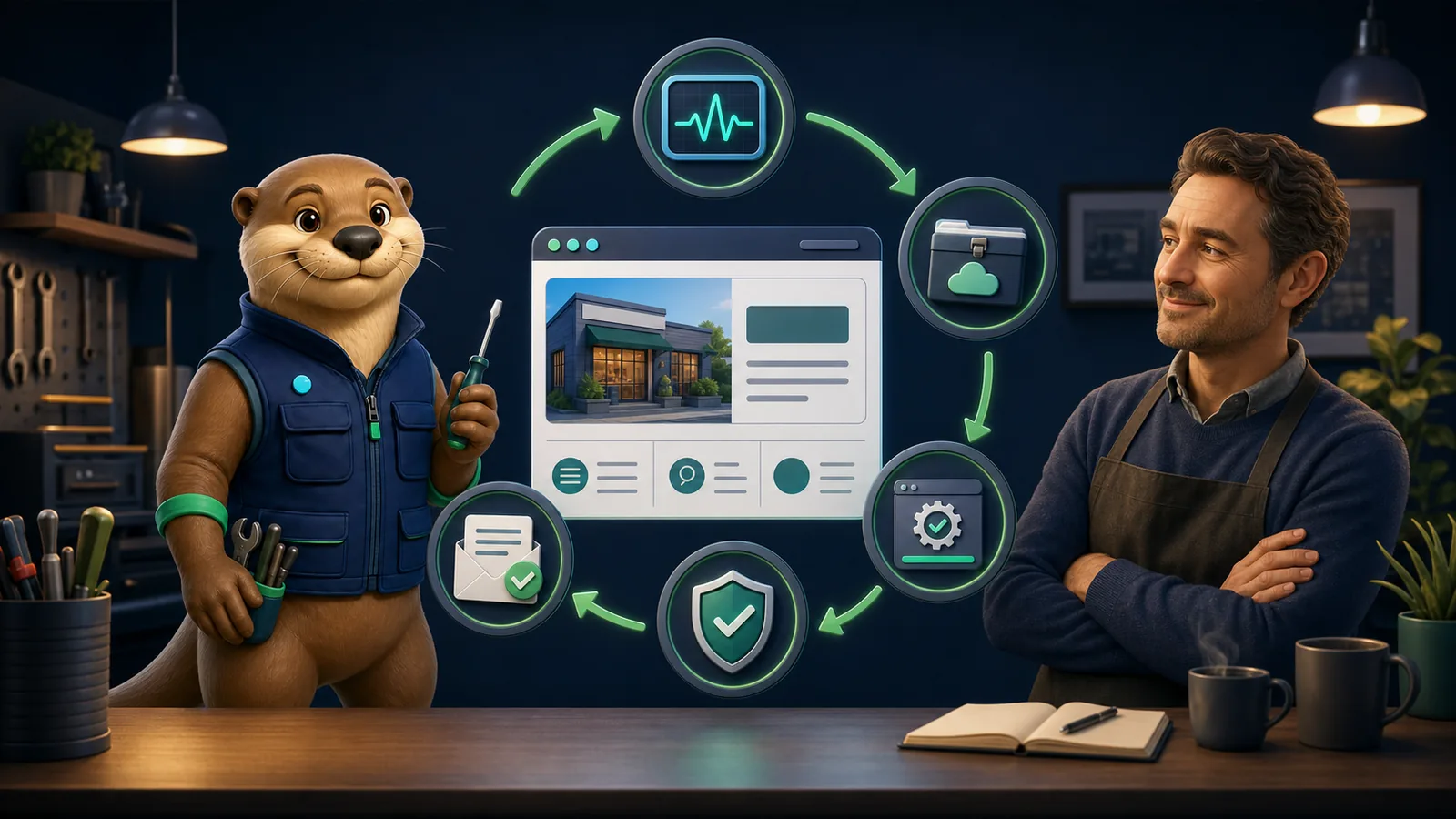 Billy maintaining a European small-business website with backups, monitoring, updates, and security checks