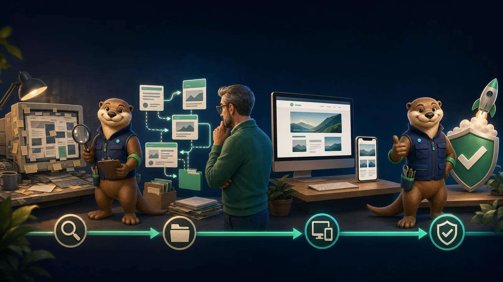 Billy guiding a European small-business owner through a structured website redesign checklist